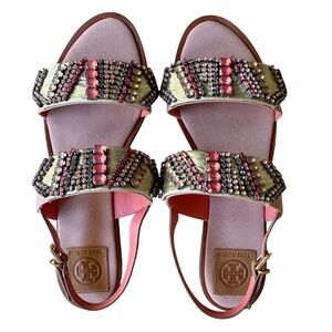 $398 NWOB Tory Burch‎ Tanner Flat Pink Gold Rhinestone Sandals Jeweled Straps 9M